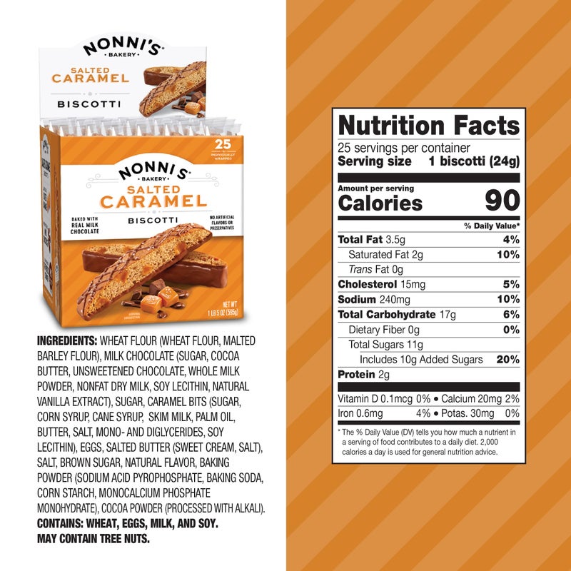 Nonni's Salted Caramel Milk Chocolate Biscotti Cookies - Individually Wrapped Italian Coffee Snack, Crunchy Twice-Baked, 90 Cal Each, 21 oz Carton - Image 2